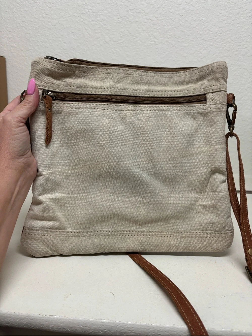 Clea Ray Tan Embossed Leather-Trim Crossbody Bag with Patterned Canvas